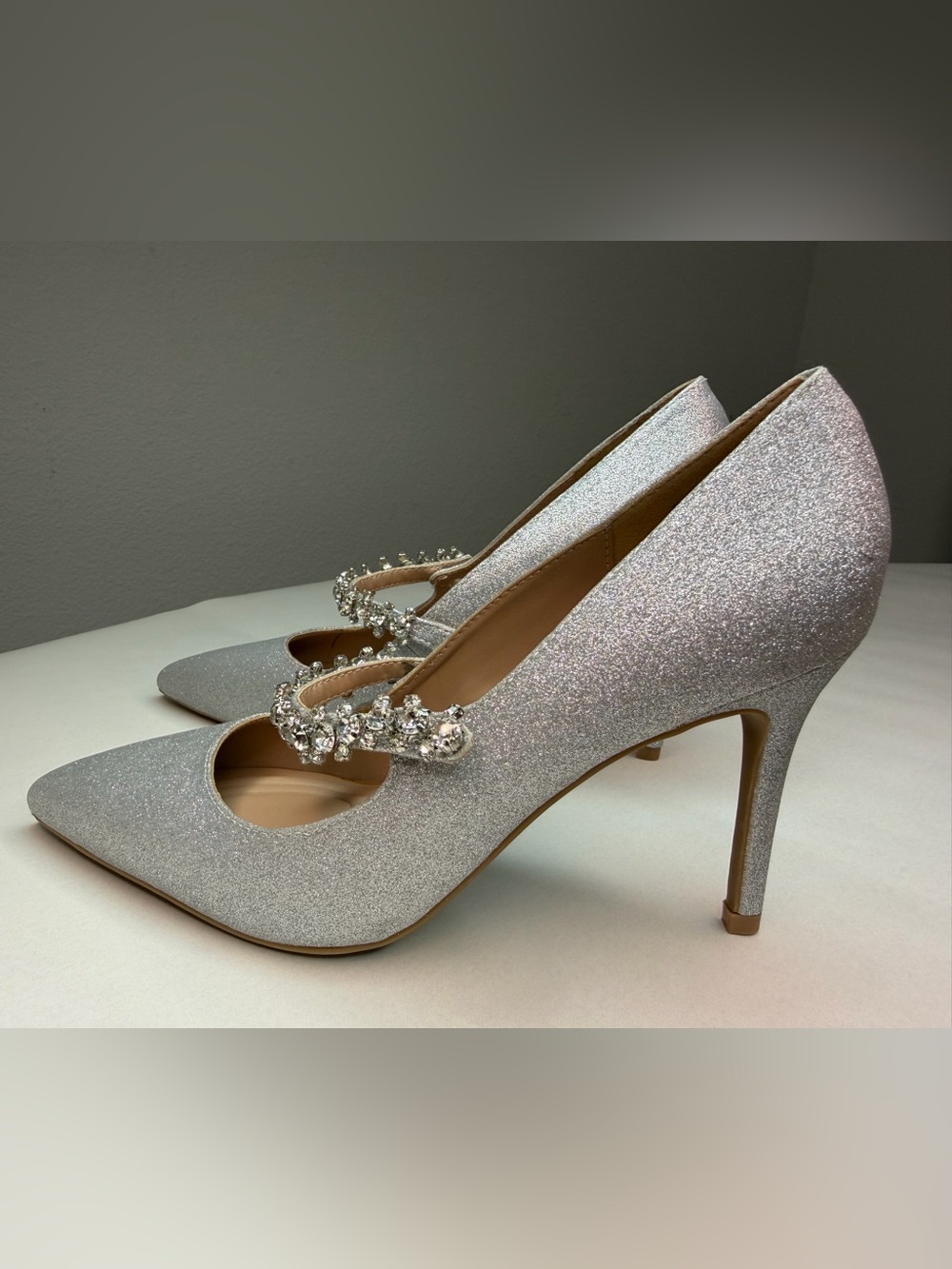 BCBGeneration Silver Glitter Crystal-Strap Pointed-Toe Pumps